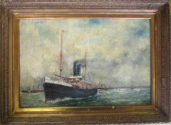 Large oil on canvas in gilt frame of a steamer 94 cm x 69 cm