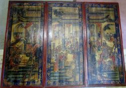 3 Chinese painted wooden panels 49.5 cm x 110.