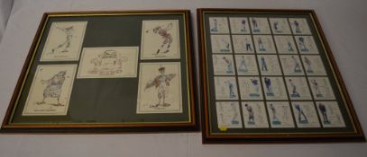 Framed Player's cigarette cards and postcards with a golfing theme