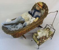 Vintage doll (a/f) in crib & smaller dolls in metal cot