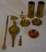 Various brassware including 2 shell cases,