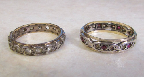 2 silver and 9ct gold eternity rings - spinel stones (one stone missing) and ruby & spinel stones,