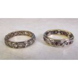 2 silver and 9ct gold eternity rings - spinel stones (one stone missing) and ruby & spinel stones,