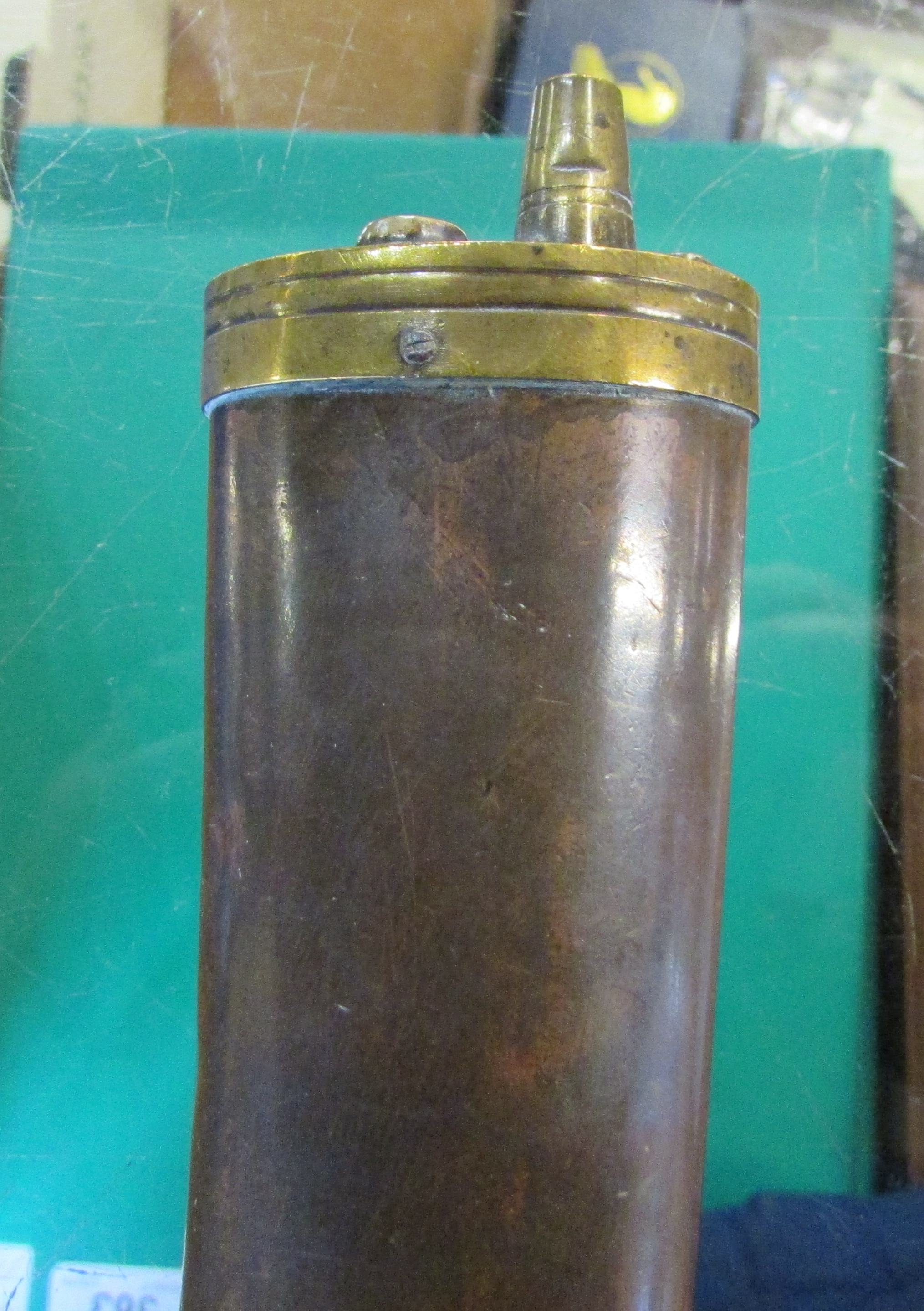 3 way powder, shot and cap flask by Sykes, vesta case, small cigarette box (possibly pewter), - Image 5 of 5