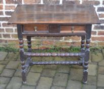 Late 17th/early 18th century oak side table with bobbin turned stretchers & moulded single drawer