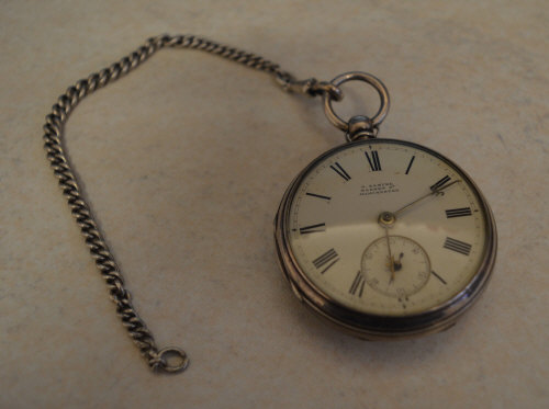 H Samuel, Market St, Manchester silver pocket watch on silver chain, Birmingham 1889,