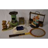 Cooper tennis racket, ashtray, Tantalus base,