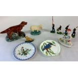 Small tin glazed sheep, retriever, kingfisher pin tray, 4 Britains U.S.