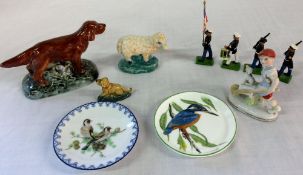 Small tin glazed sheep, retriever, kingfisher pin tray, 4 Britains U.S.