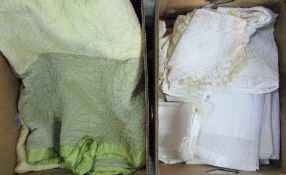 Box of assorted vintage linen and a Durham quilt