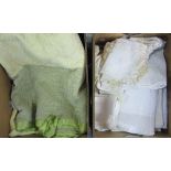 Box of assorted vintage linen and a Durham quilt