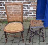 Victorian cane back & seat chair and a carved oak stool