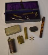 3 way powder, shot and cap flask by Sykes, vesta case, small cigarette box (possibly pewter),