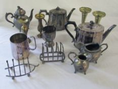 Selection of silver plate and brass inc tea pots and toast racks
