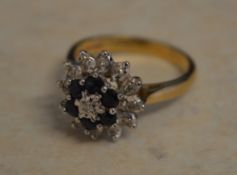9ct gold diamond and sapphire cluster ring, diamonds approx 0.