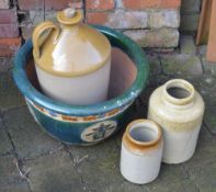 Jardinere and 3 salt glazed jars