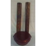 Pair of carved bamboo canes & a lacquered rice bowl with lid