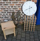 Small pine table, wall clock,