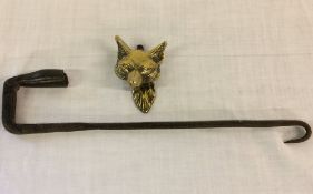 Wrought iron hanging candle holder & a small fox head brass knocker
