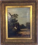 19th century oil on canvas landscape with a cottage in the foreground 54cm x 45cm