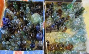 2 boxes of assorted glass bottles inc inkwells, poison bottles,