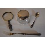 Silver teaspoon, silver handled pickle fork,