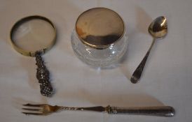 Silver teaspoon, silver handled pickle fork,