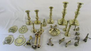 Various brass ware inc candlesticks and horse brasses