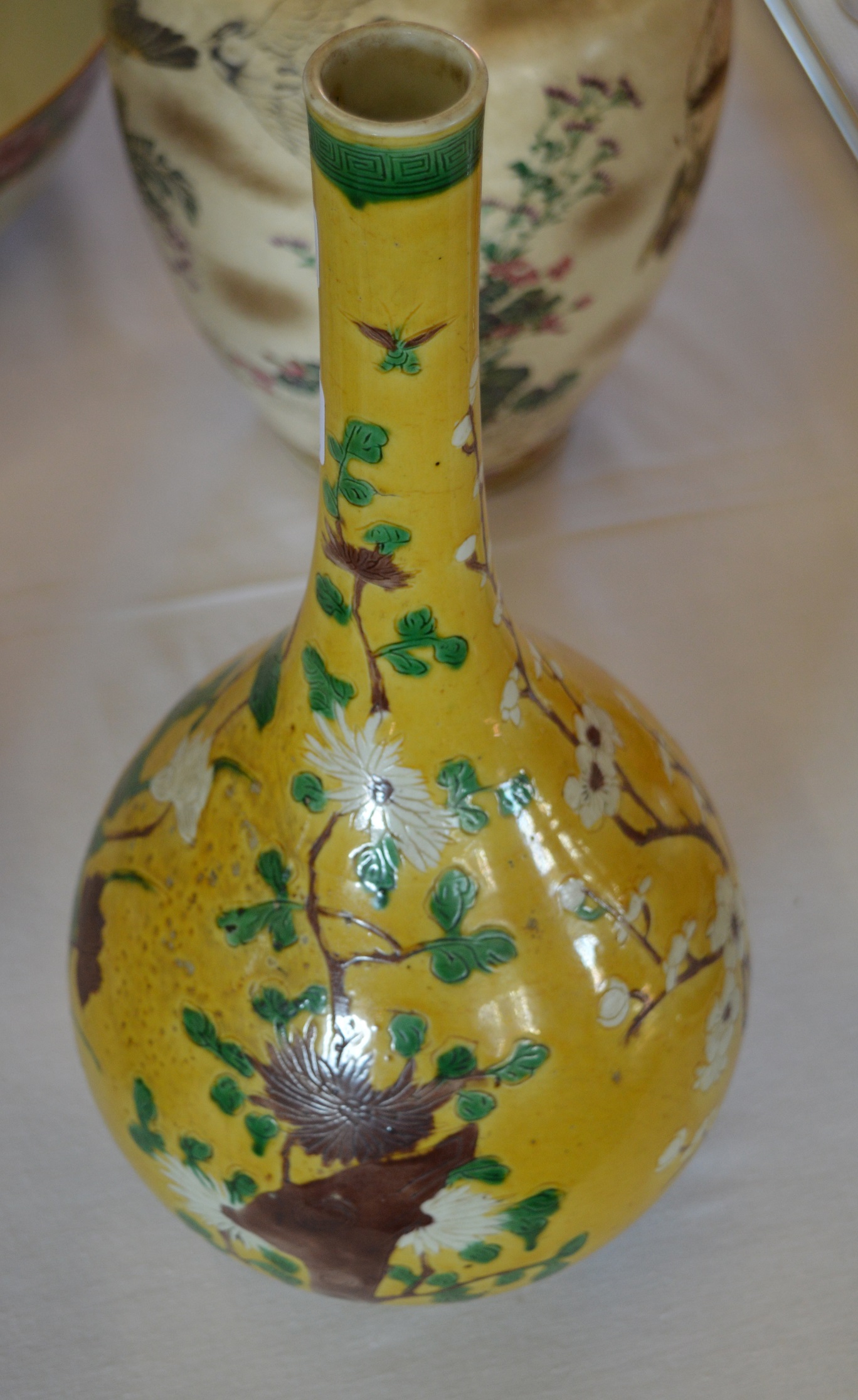 Chinese yellow & green ground bulbous vase with prunus decoration H34cm - Image 3 of 5