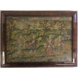 An old needlepoint panel depicting 16th century figures & creatures in a landscape 37.5cm by 27.