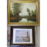 Oil on canvas of a river scene signed Baxter 76 cm x 55 cm & a limited edition print of Grimsby