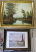 Oil on canvas of a river scene signed Baxter 76 cm x 55 cm & a limited edition print of Grimsby