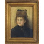 19th century portrait of a young girl in a fur hat signed J W Cockerham 48cm x 37cm