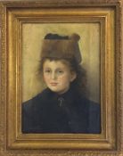 19th century portrait of a young girl in a fur hat signed J W Cockerham 48cm x 37cm