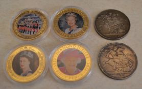 4 gold plated commemorative coins and 2 Victorian crowns (1889 and 1891)