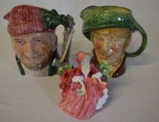 2 Royal Doulton character jugs and a Royal Doulton lady figure