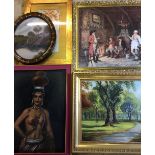 5 pictures including an oil on board of Weelsby Woods by L Johnson & a semi-nude woman