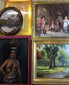 5 pictures including an oil on board of Weelsby Woods by L Johnson & a semi-nude woman