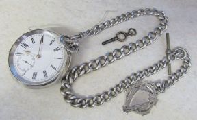 Silver pocket watch marked 935 with silver chain and fob (weight of chain and fob 2.