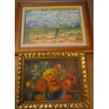 2 framed oil paintings still life vase of flowers 37 cm x 29 cm and rural scene 47 cm x 27 cm