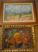 2 framed oil paintings still life vase of flowers 37 cm x 29 cm and rural scene 47 cm x 27 cm