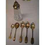 5 silver spoons and a silver topped sugar shaker, approx silver weight (spoons only) 3.