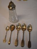 5 silver spoons and a silver topped sugar shaker, approx silver weight (spoons only) 3.