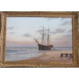 Large oil on canvas of a beached sailing ship by David C Bell (1950-)105 cm x 76 cm (Artist's