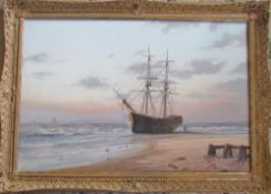 Large oil on canvas of a beached sailing ship by David C Bell (1950-)105 cm x 76 cm (Artist's