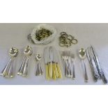 Assorted silver plated cutlery & brass curtain rings