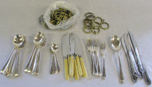 Assorted silver plated cutlery & brass curtain rings