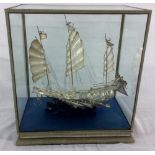 Silver plated Chinese battle ship in glass case - maker Tackhing & Sterling Hong Kong