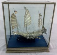 Silver plated Chinese battle ship in glass case - maker Tackhing & Sterling Hong Kong