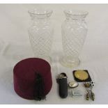 Pair of glass vases (one a/f), stratton compact, Fez,